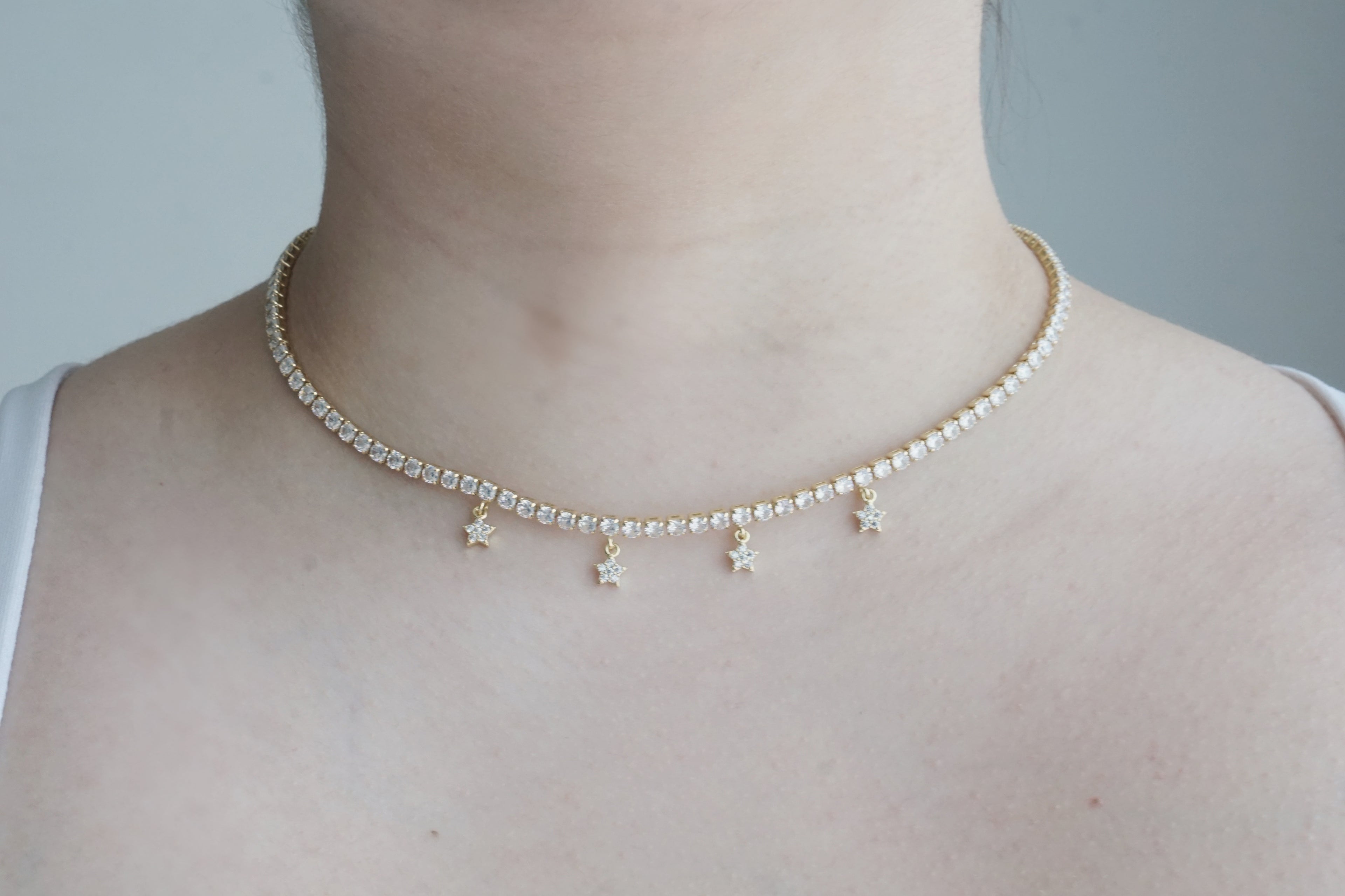 Necklace with Round & Drop Zirconias and Stars 45CM – 14K