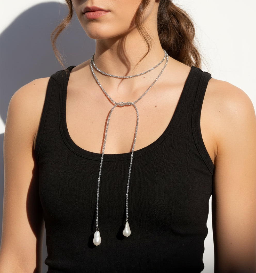 collar corbatin cristales, ch18k, perla de rio