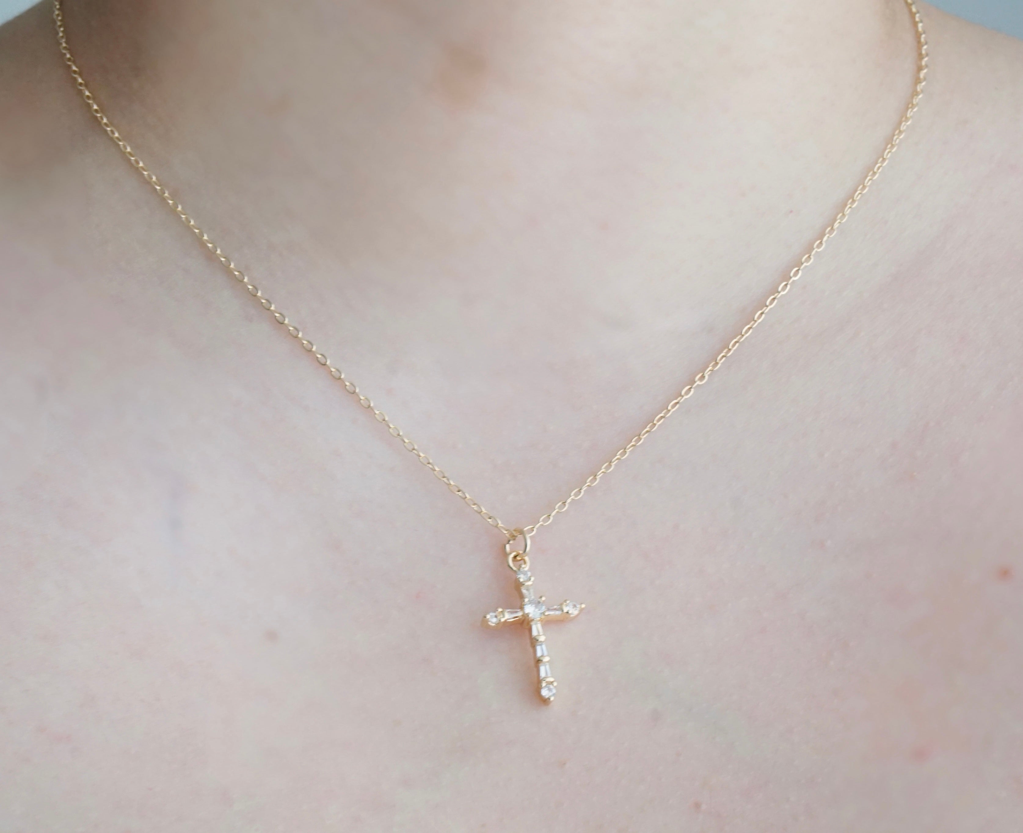 Cross Necklace with Zirconias and Saint Benedict Extension 45CM – 14K