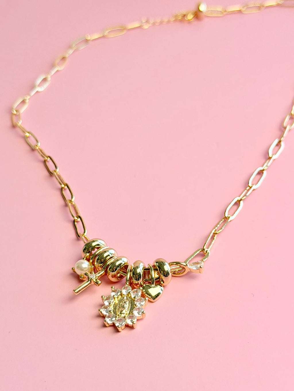 COLLAR MEDALLA VIRGEN DE GUADALUPE Y CRUZ CON ZIRCONIA CH14K