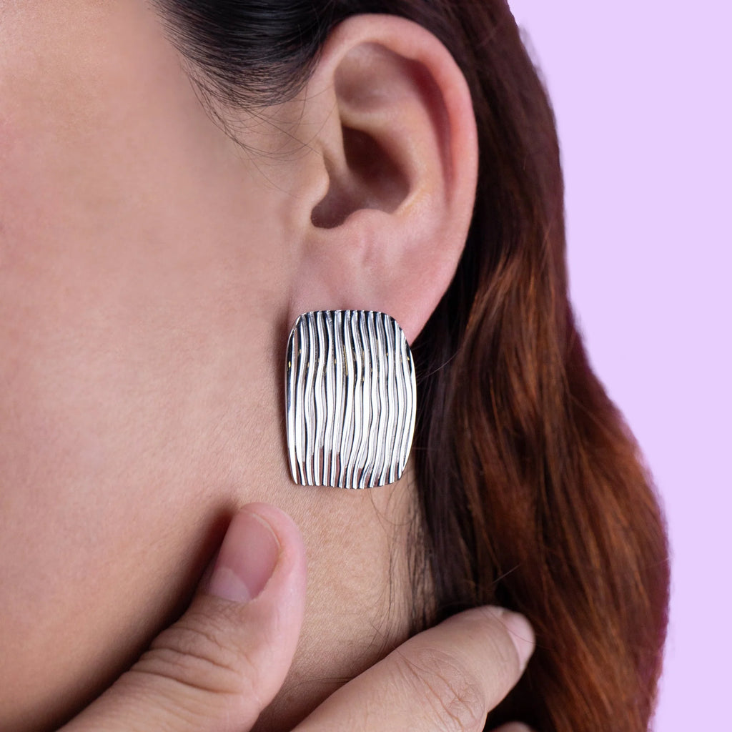 Linear Textured Rectangle Earrings – Silver