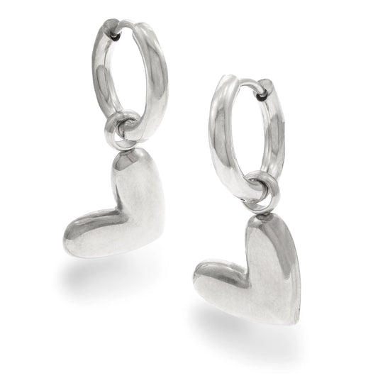 Huggie Hoops with Dangling Heart – Silver