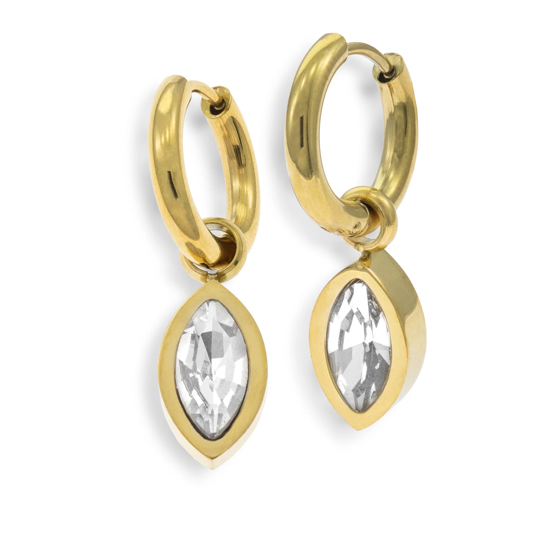 Huggie Hoops with Marquise Crystal Drop – Gold steel