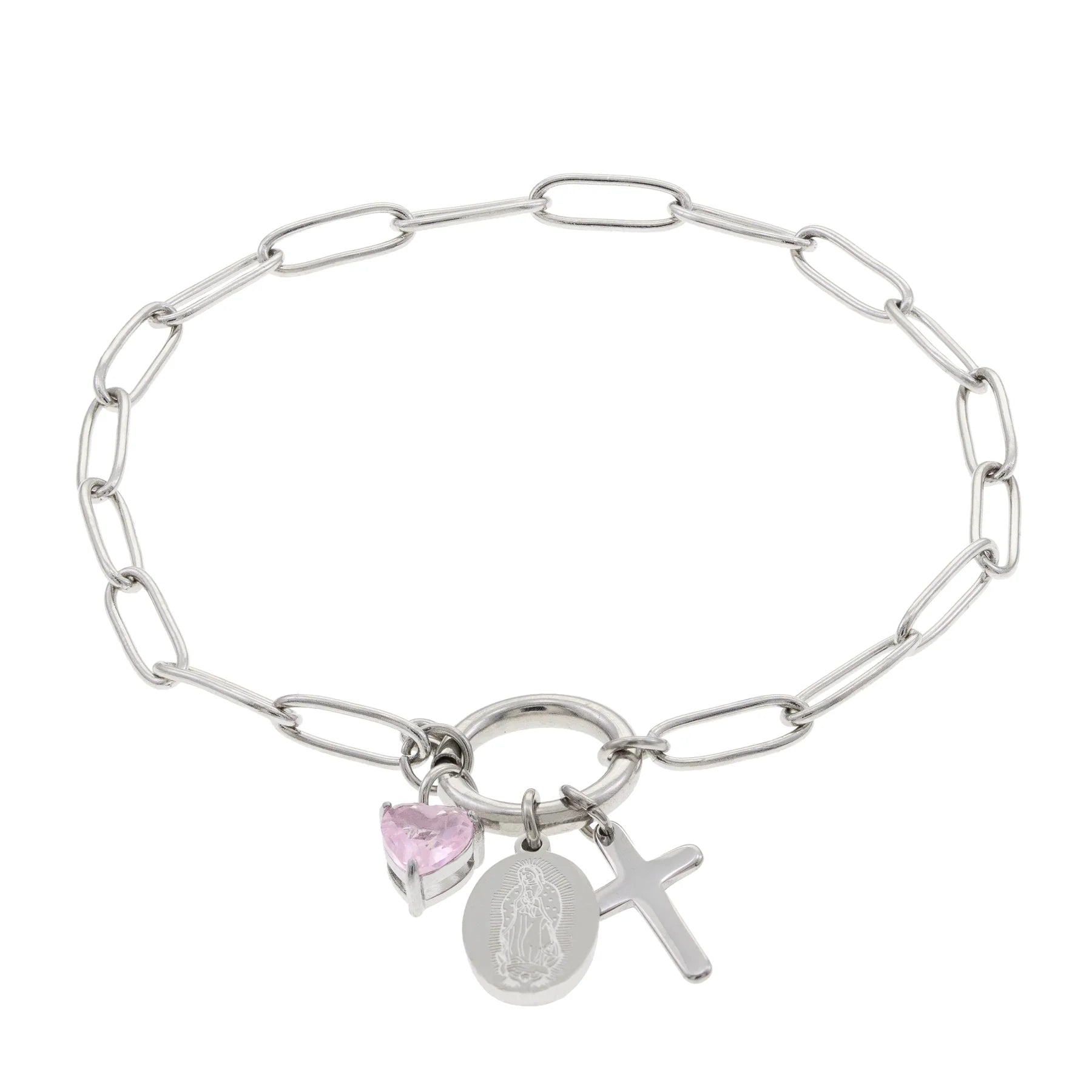 Guadalupe & Pink Heart Crystal Bracelet – Silver