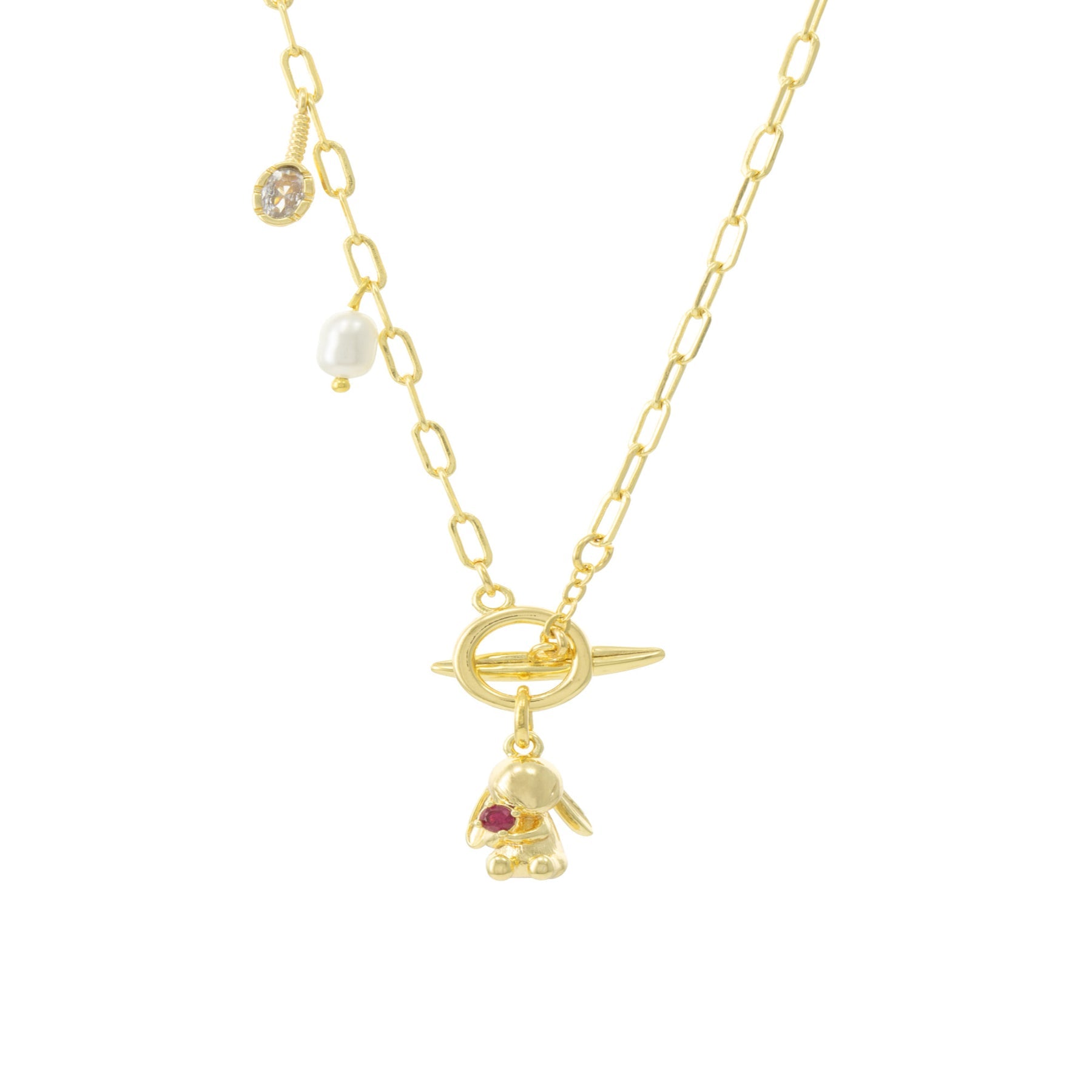 Collar eslabon largo con dije de conejo, acero inox con chapa de oro y perla de rio