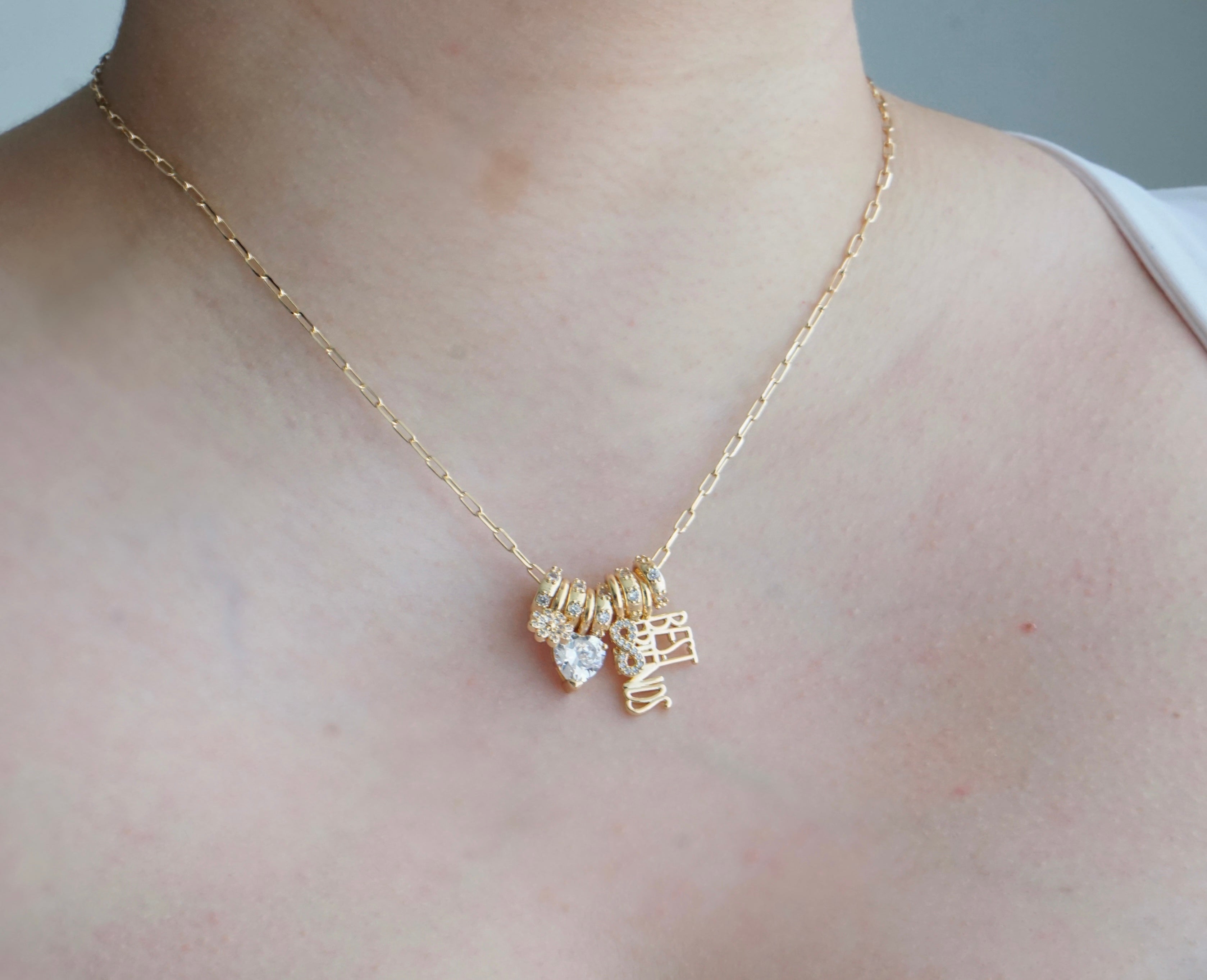 Mixed Best Friends Charms with Zirconias Necklace 45CM – 14K