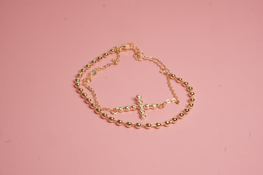 PULSERA DOBLE DE ESLABON CON BALINES Y CRUZ CO