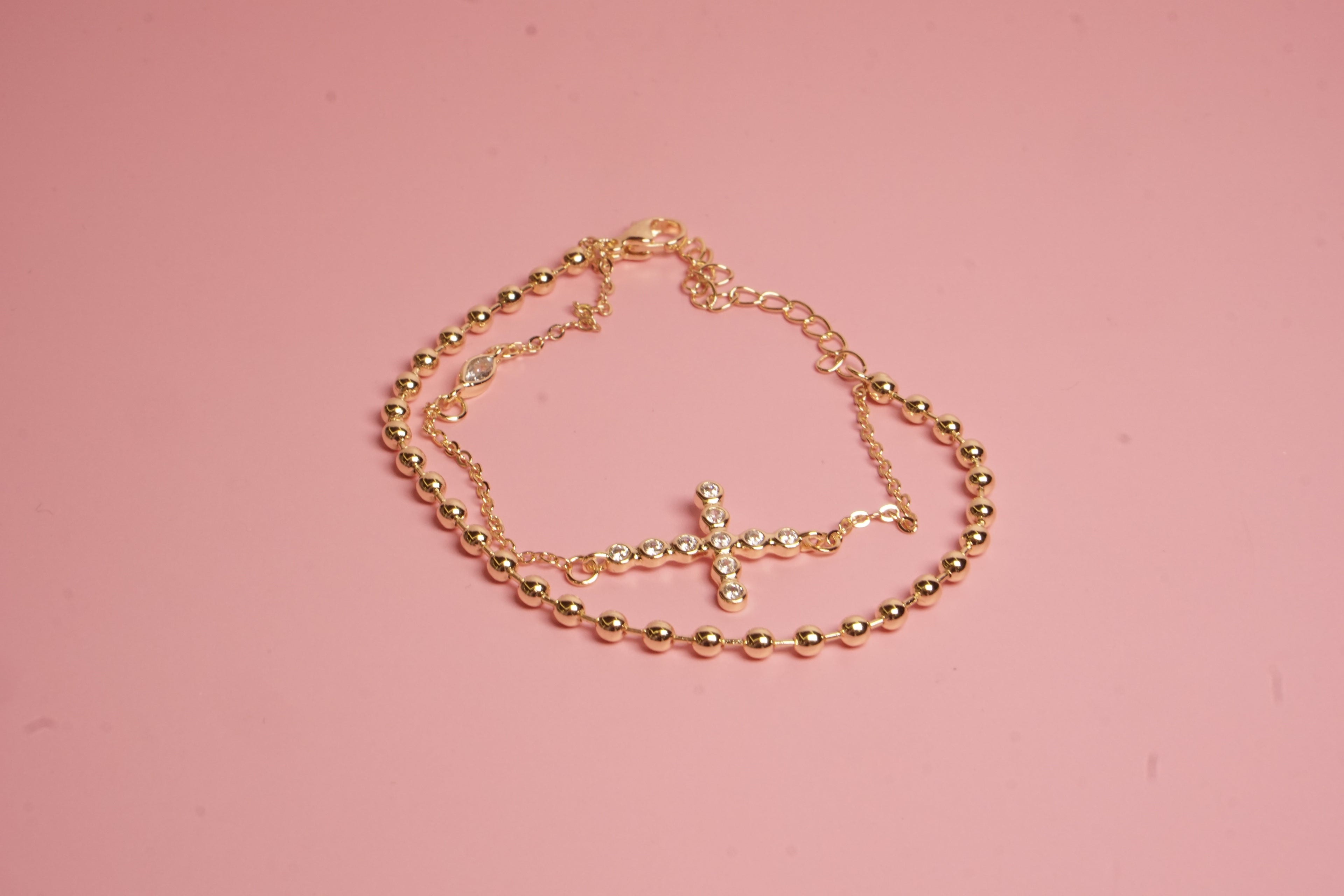 PULSERA DOBLE DE ESLABON CON BALINES Y CRUZ CO