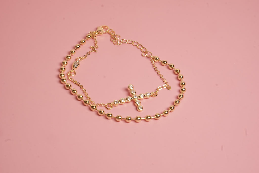 PULSERA DOBLE DE ESLABON CON BALINES Y CRUZ CO