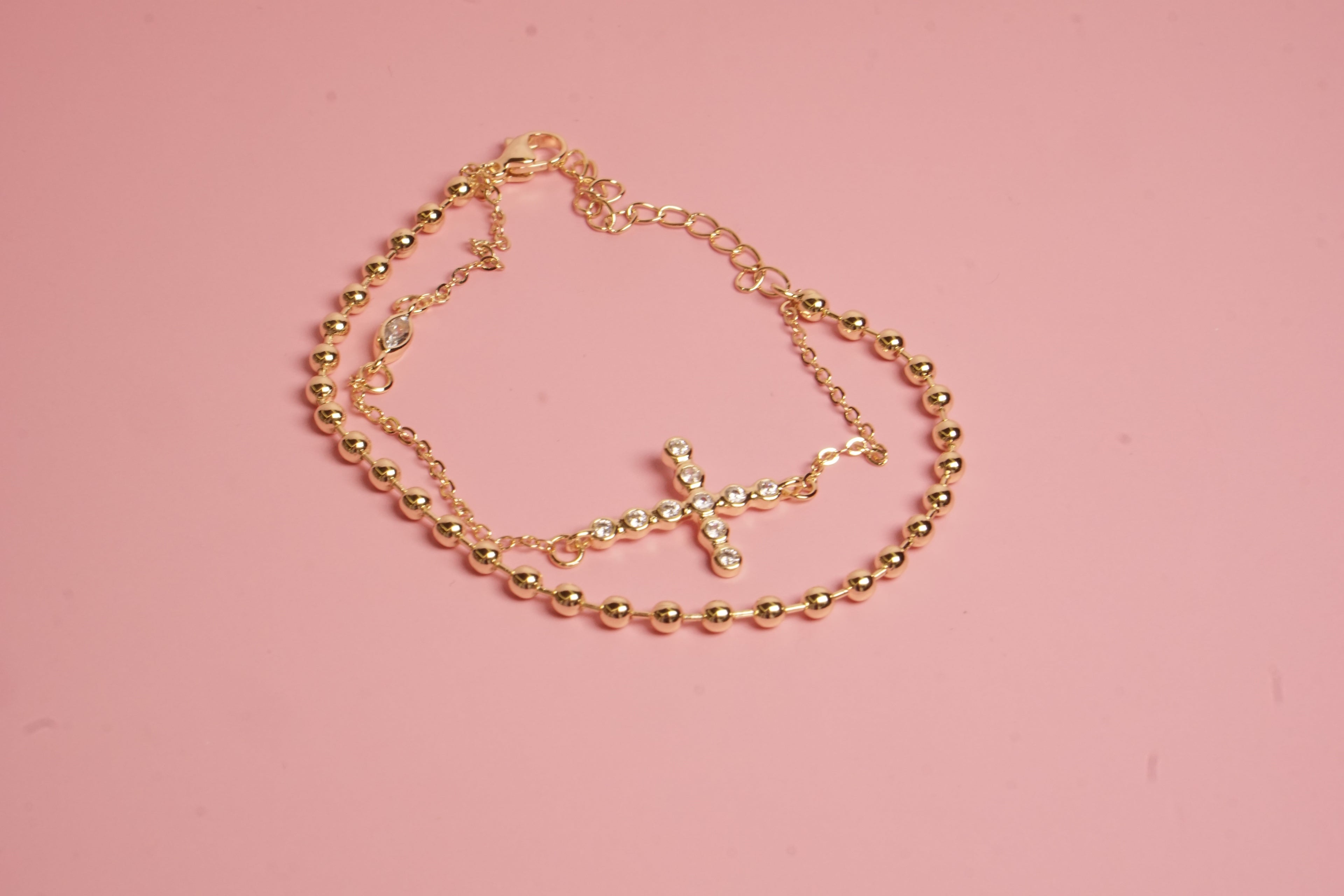 PULSERA DOBLE DE ESLABON CON BALINES Y CRUZ CO