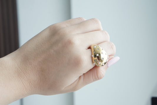 Adjustable Drop Crystal and Pearl Ring 18MM – Gold