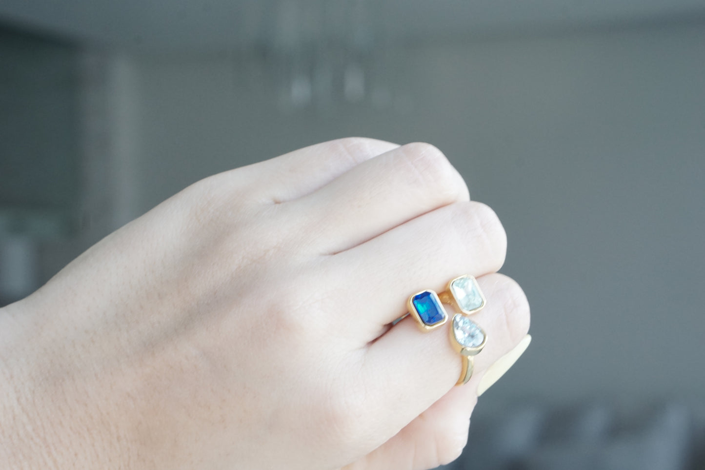 Adjustable Ring with Blue Crystals 17MM – Gold