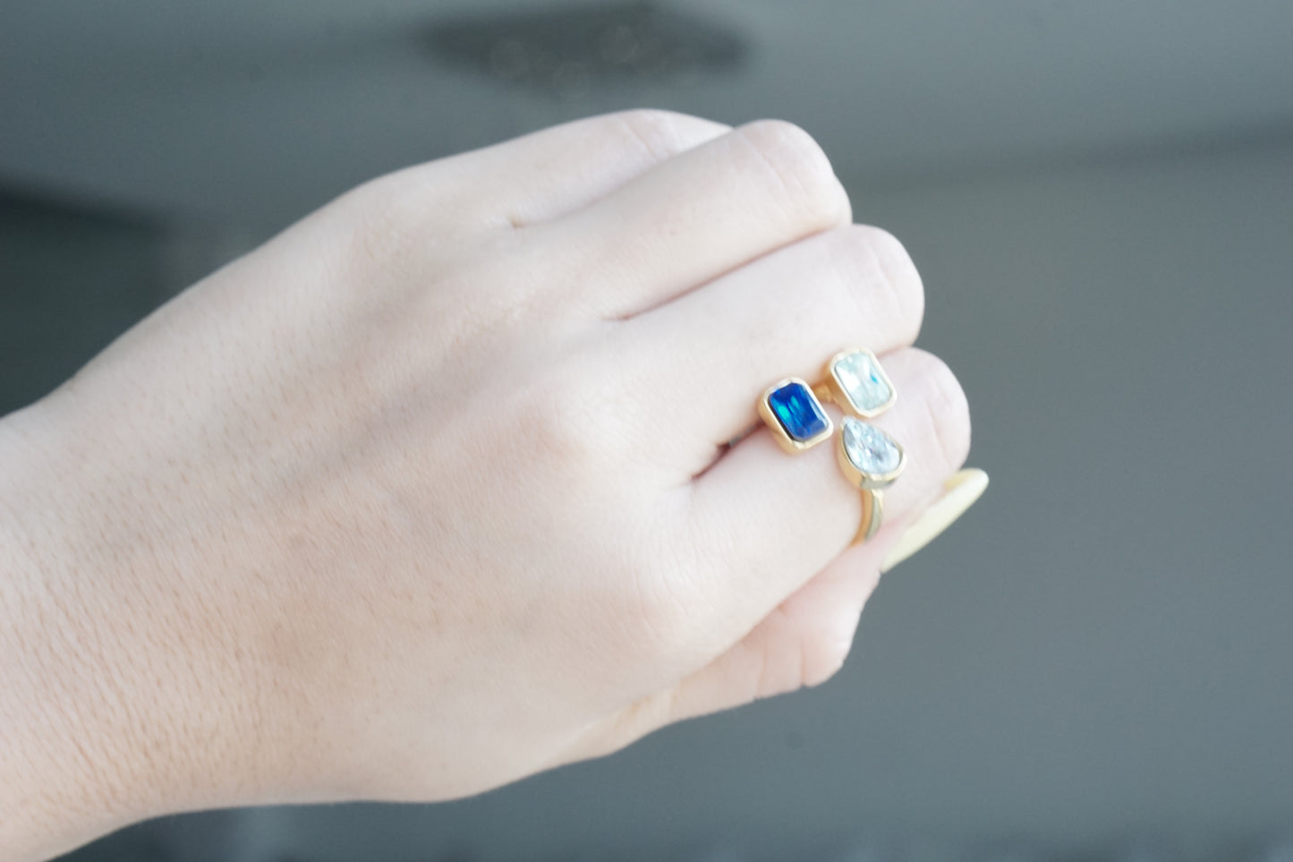 Adjustable Ring with Blue Crystals 17MM – Gold