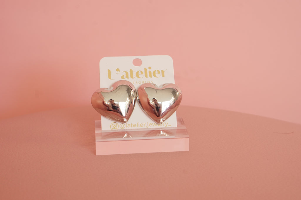 aretes corazon acero inoxidable plateados