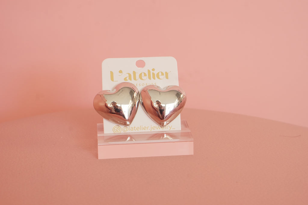 aretes corazon acero inoxidable plateados