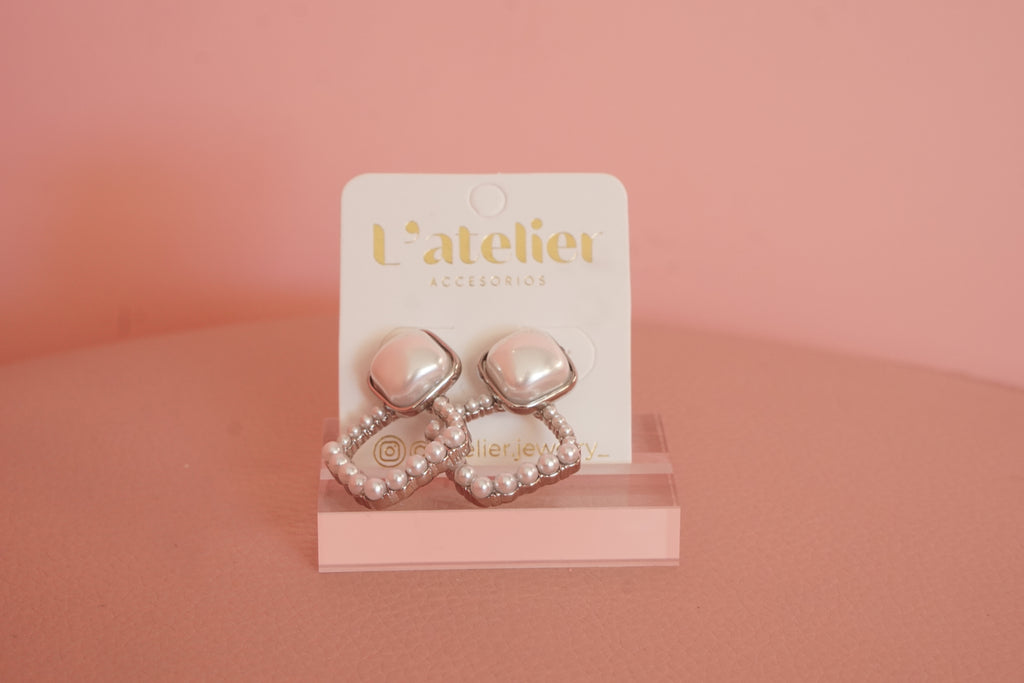 aretes perla cuadro acero inoxidable plateados