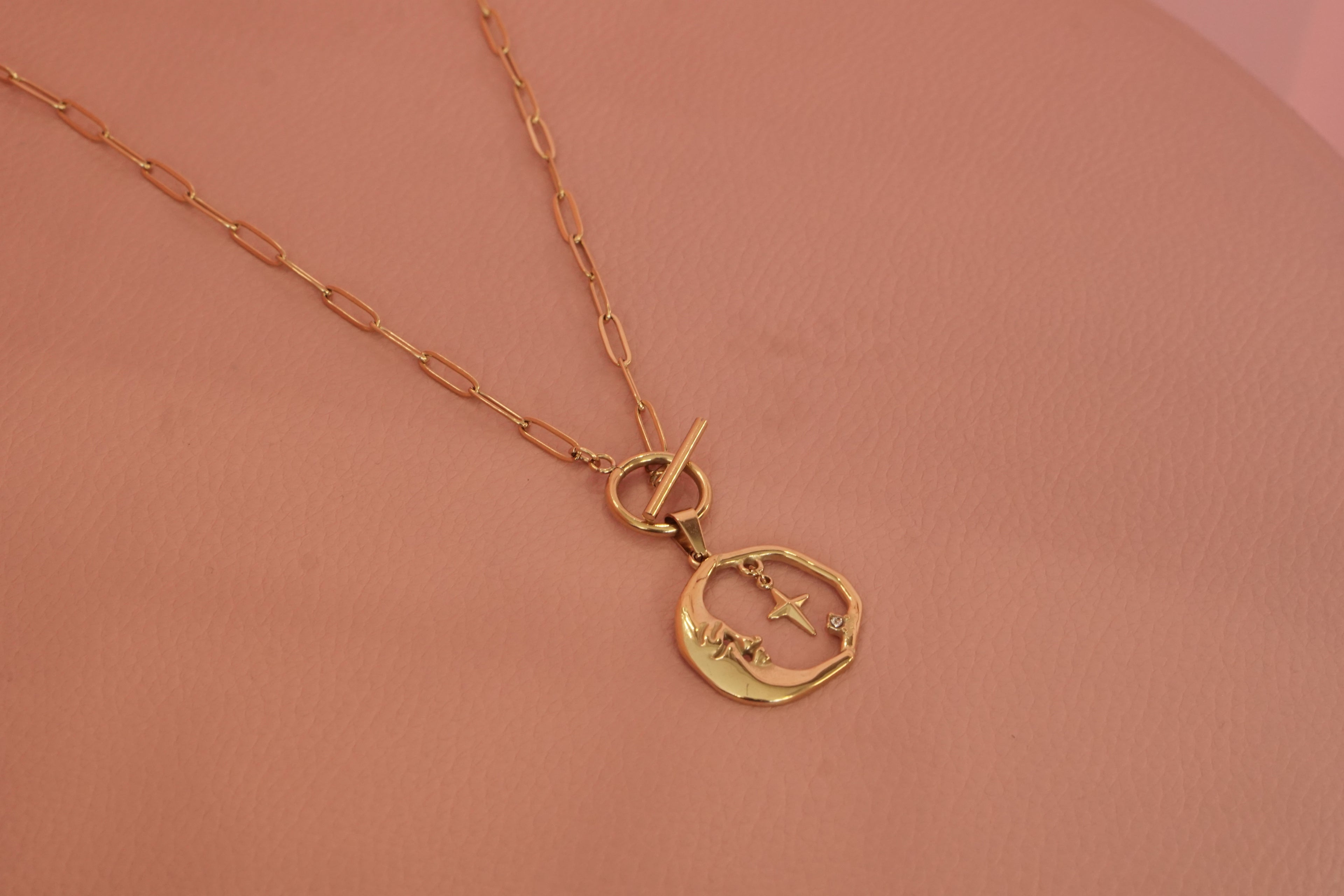 Collar dije redondo luna, estrella y cristal de acero inoxidable