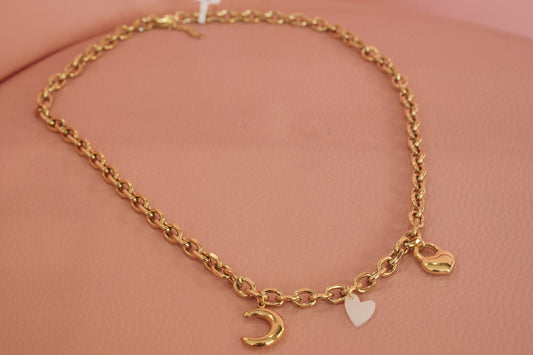 Collar con dije luna candado y corazon de acero inoxidable