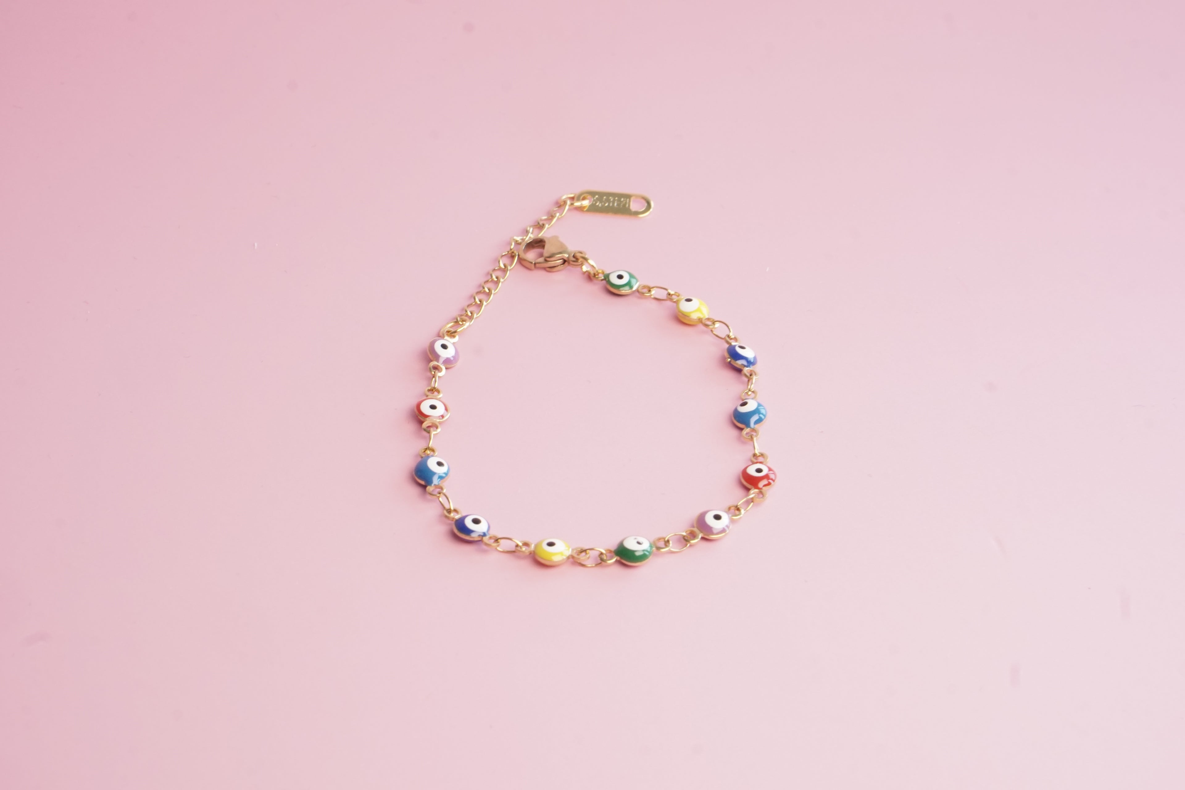 PULSERA DE OJITOS 4MM MULTICOLOR 15CM DORADO