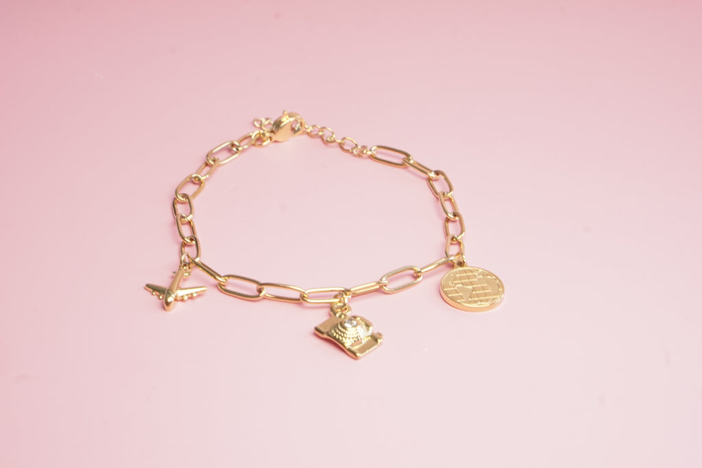 PULSERA DE ESLABONES CON DIJES DE AVION CAMARA