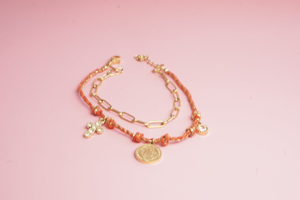 PULSERA DOBLE DE HILO TEJIDO Y ESLABON LARGO CO