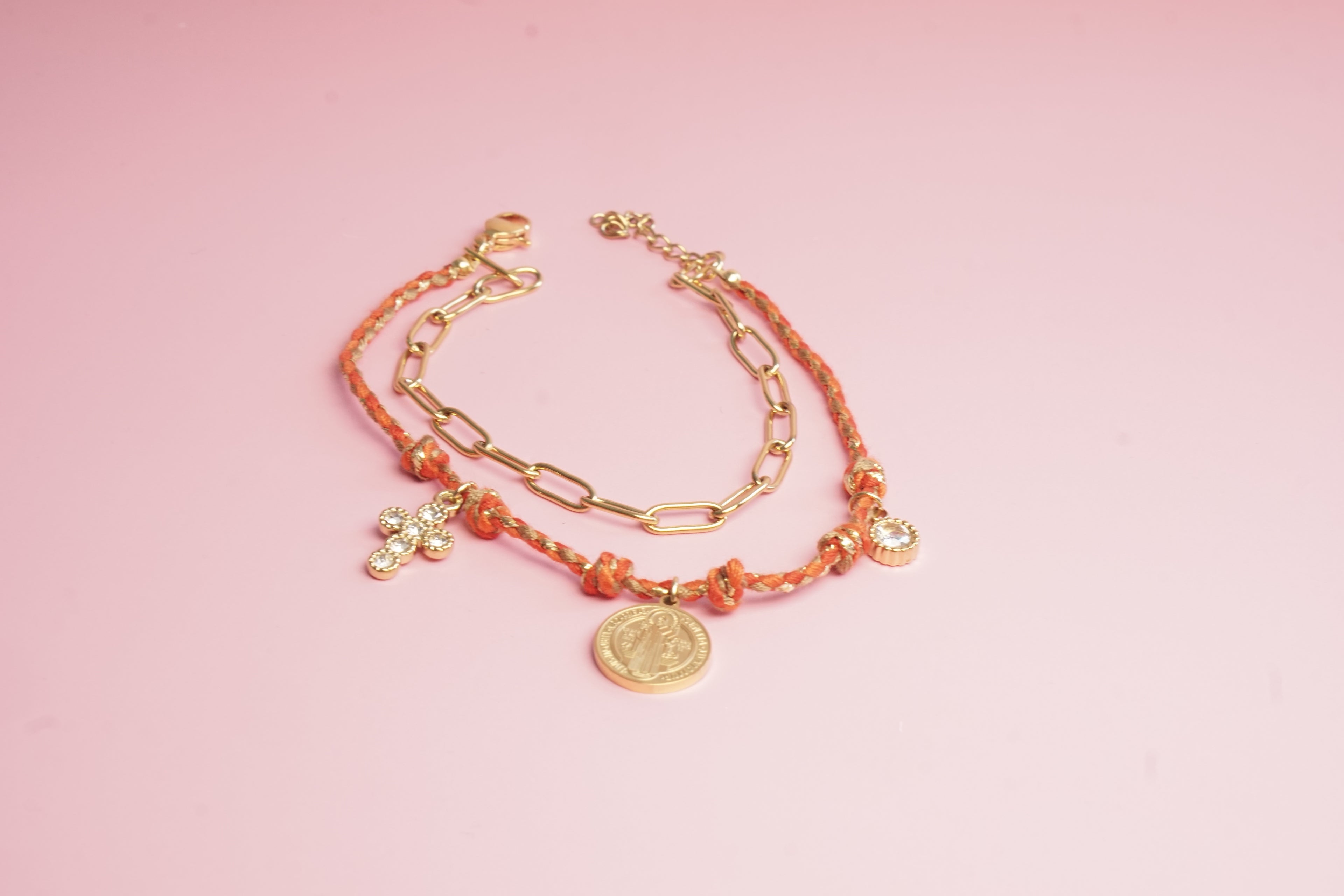 PULSERA DOBLE DE HILO TEJIDO Y ESLABON LARGO CO