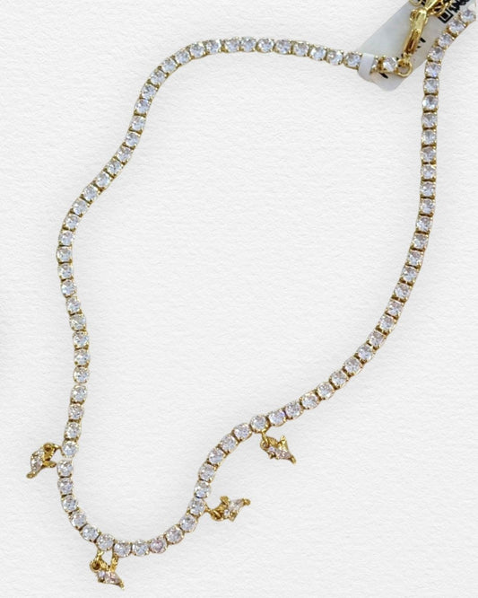 Collar tipo tennis con fondo dorado de chapa de oro y zirconias con colibris