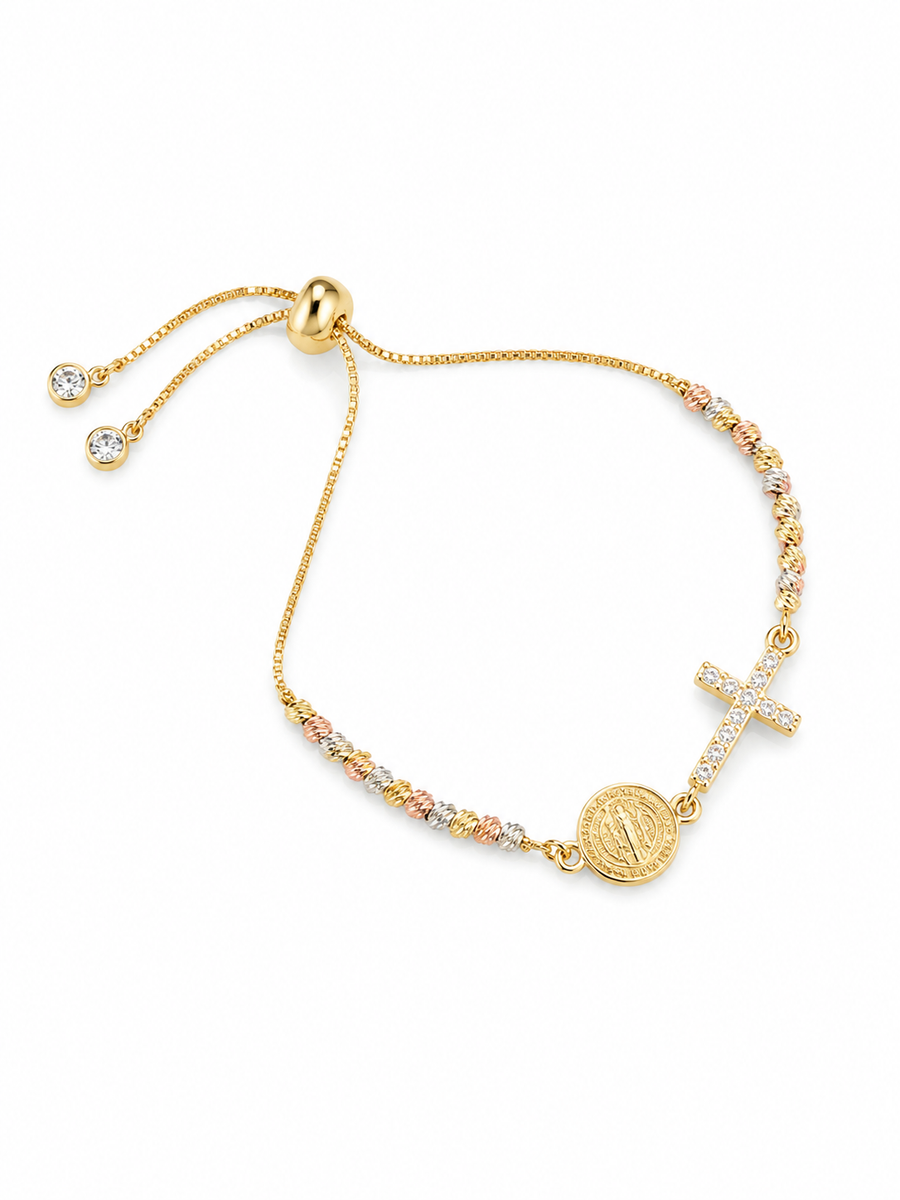 Pulsera tipo tennis con cruz y san benito