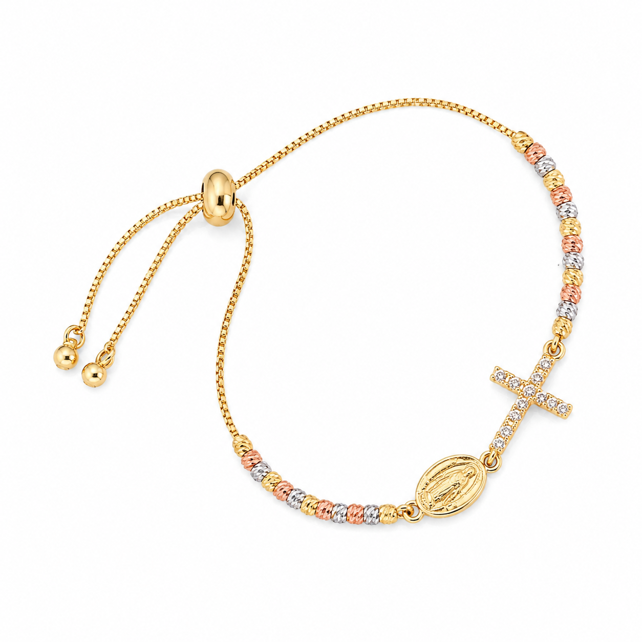 Pulsera tipo tennis con cruz y medalla virgen