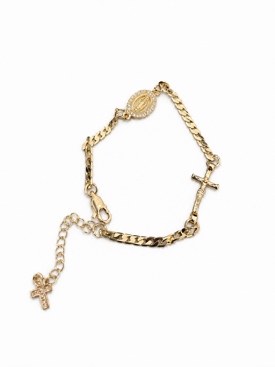 brazalete medalla virgen y doble cruz