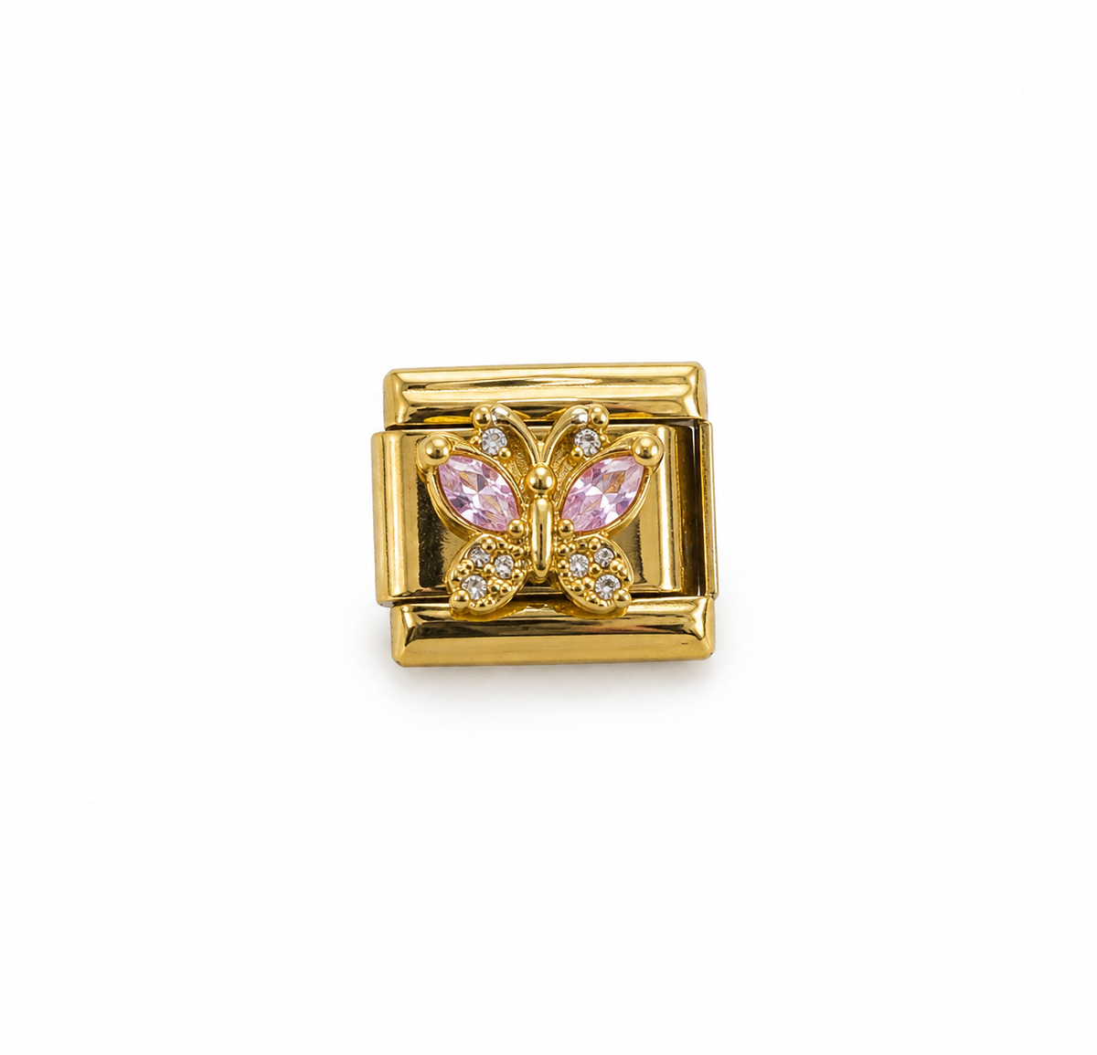 Charm italiano mariposa con brillos , rosa con fondo dorado