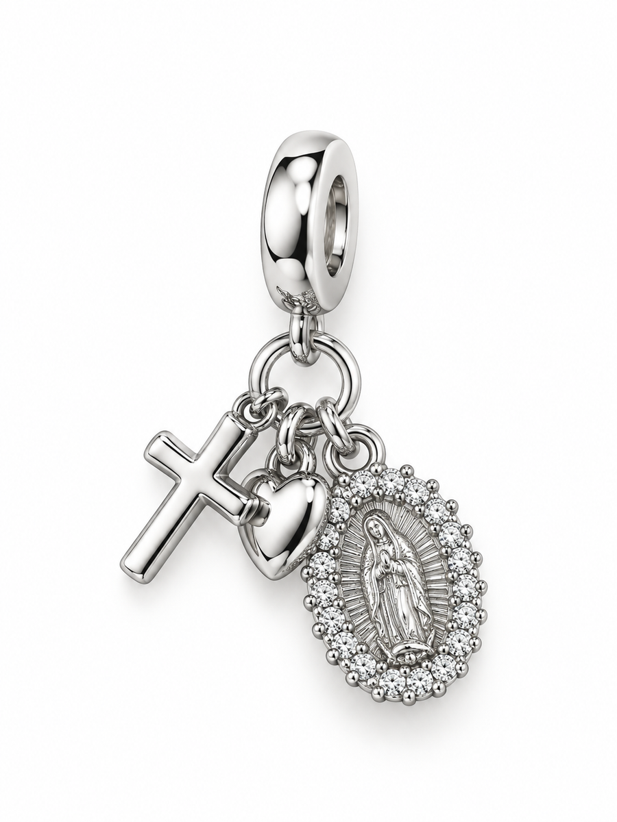 CHARM VIRGEN DE GUADALUPE CRUZ Y CORAZON CON CIRCONIAS 10MM PLATEADO