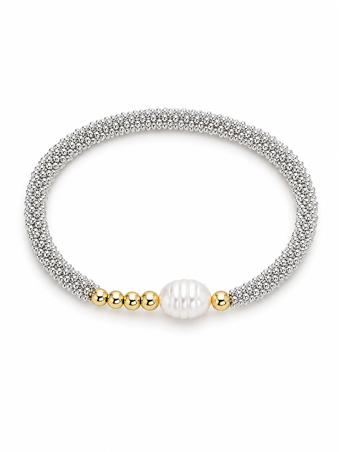Pulsera elástica ajustable cuentas flor plateada