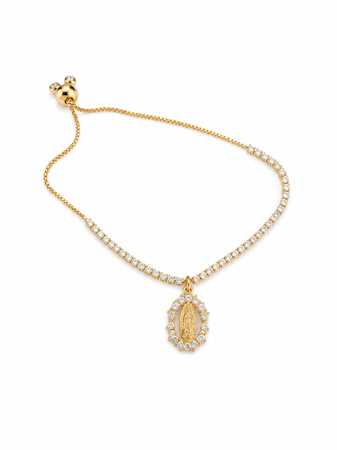 Pulsera tipo tennis con colguije virgen