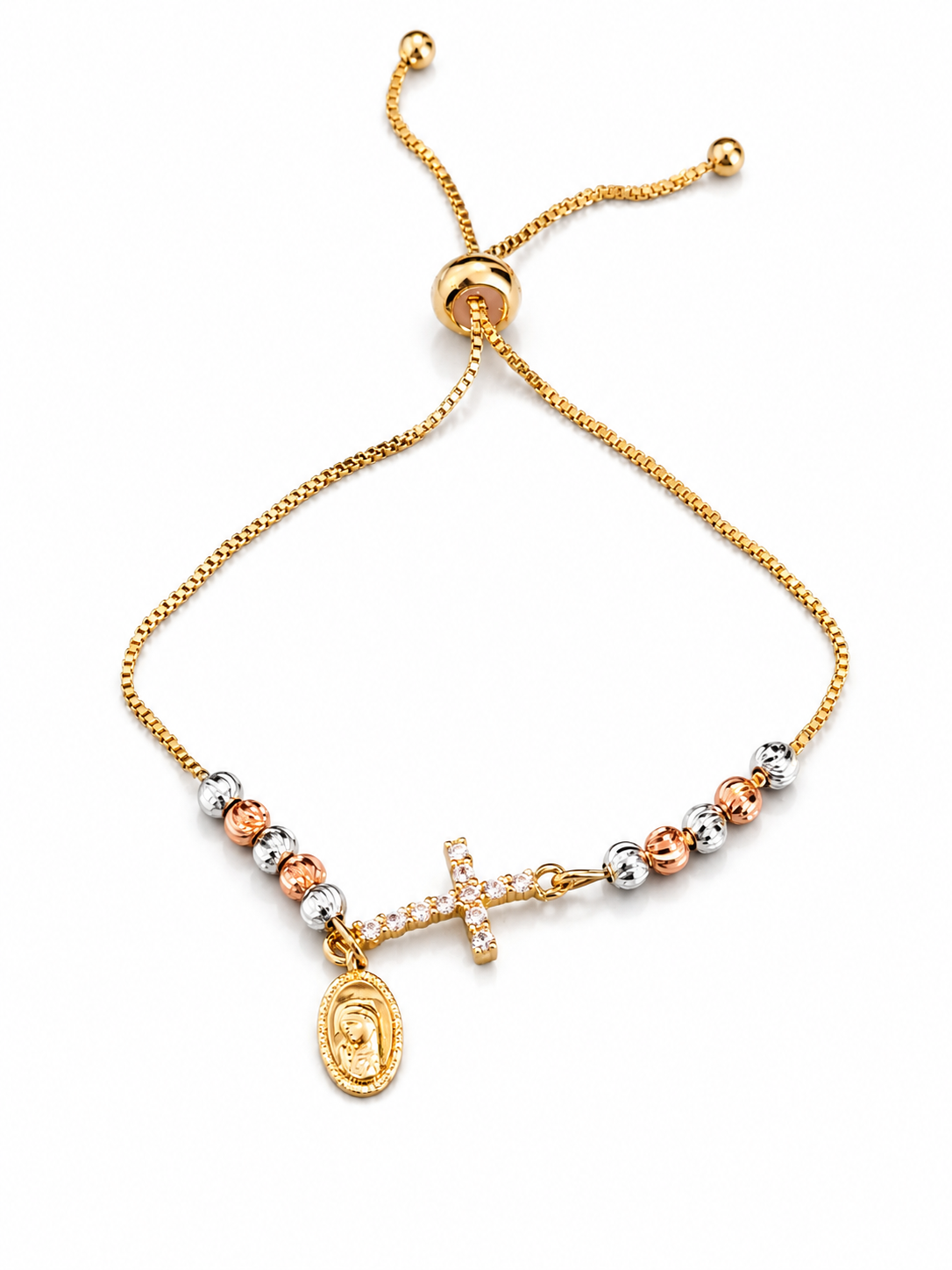 Pulsera ajustable cuentas, cruz y virgen con zirconias