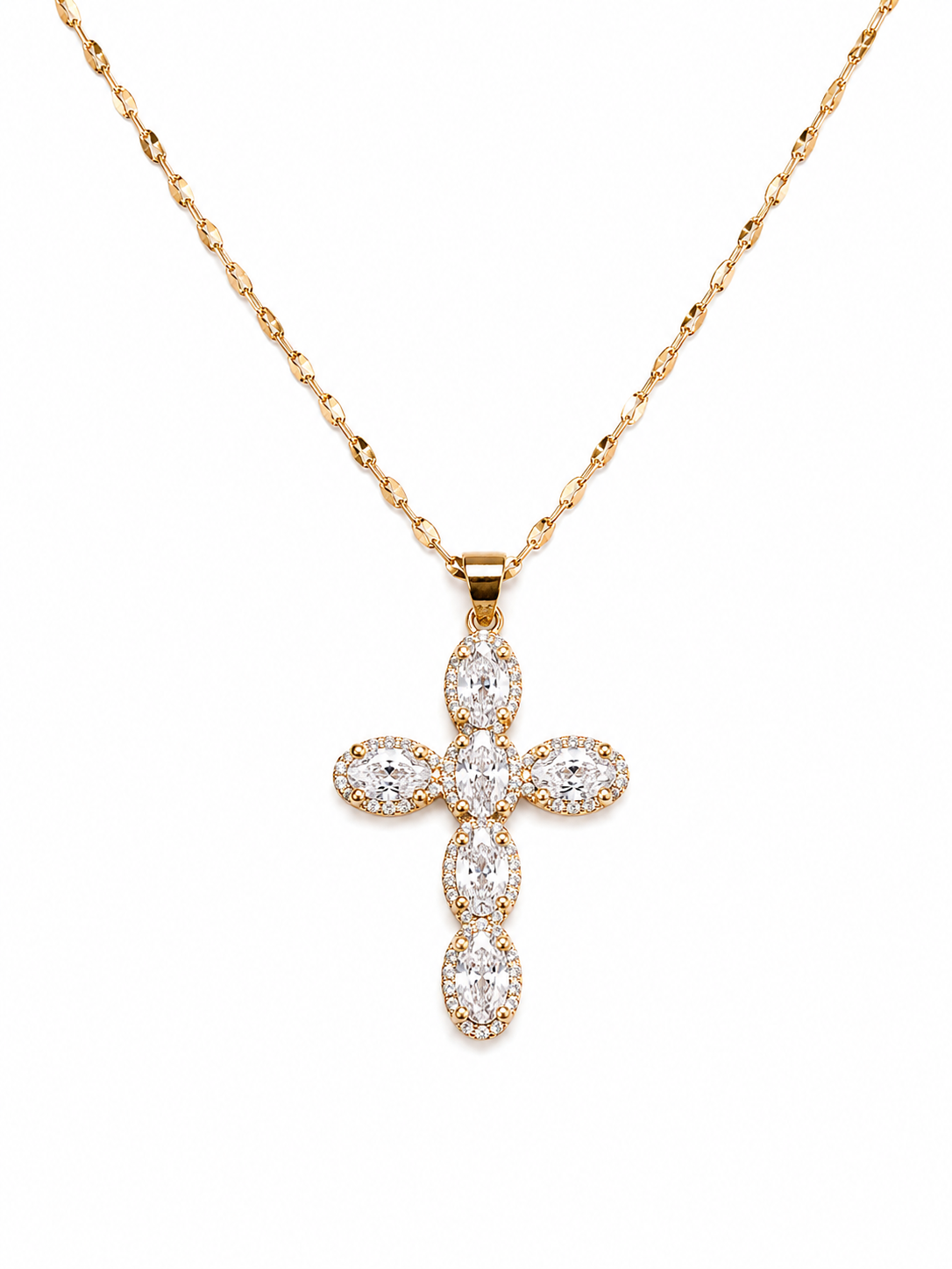 Collar cruz con zirconias grandes ovaladas