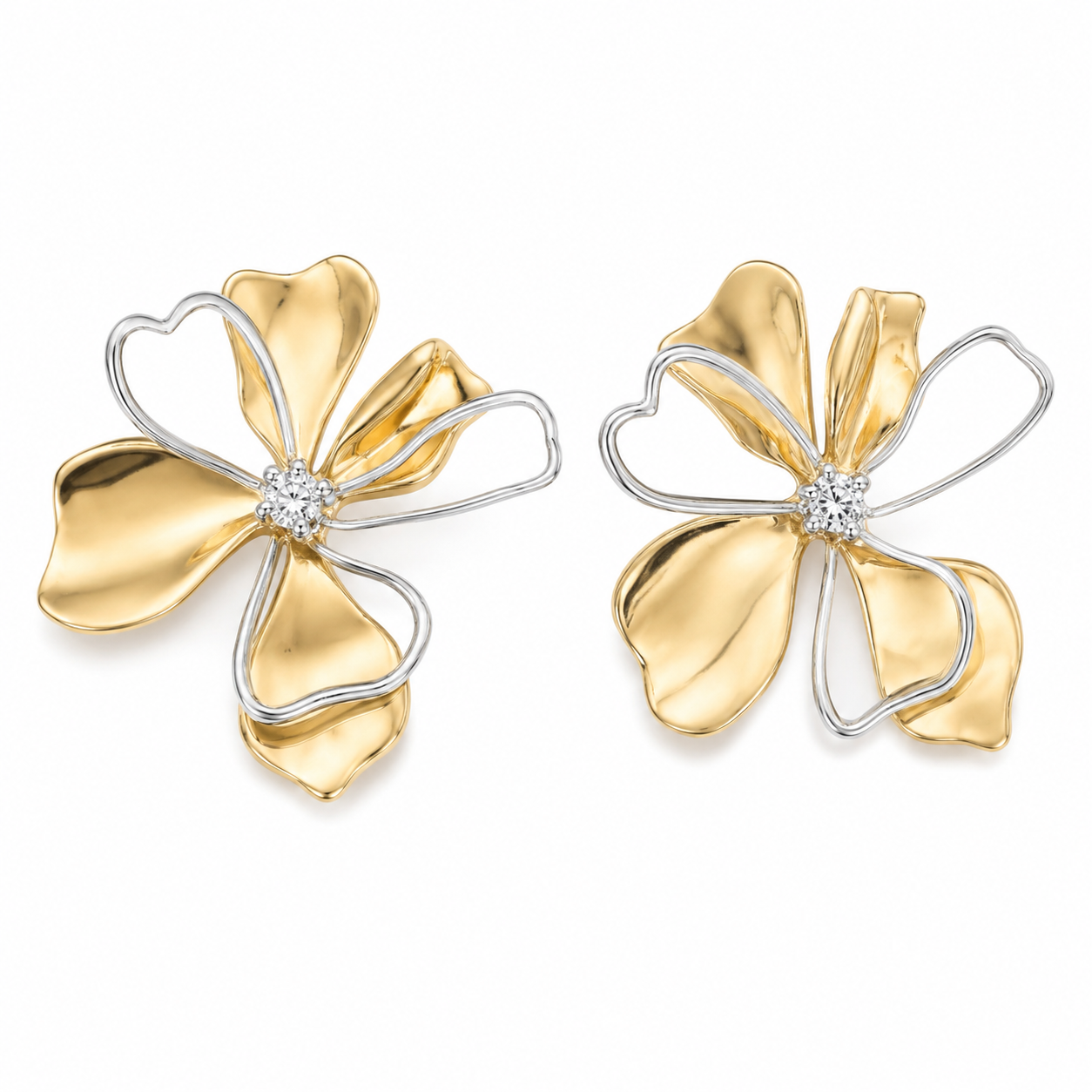 Aretes flor dorados con silueta plateada