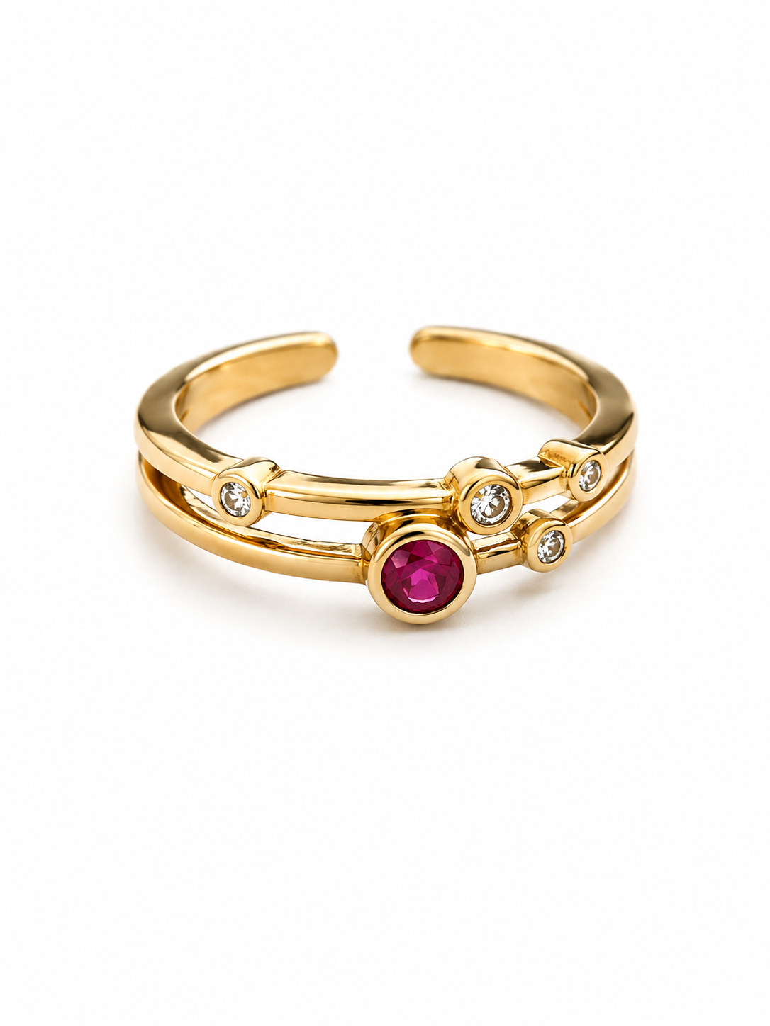 anillo ajustable doble linea con zirconia rosa