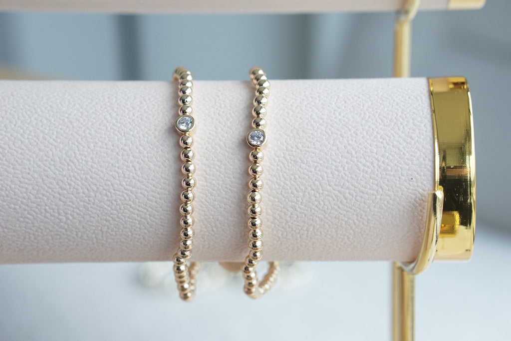 4MM Bead Bracelet with 5MM Bezel Zirconia – Gold