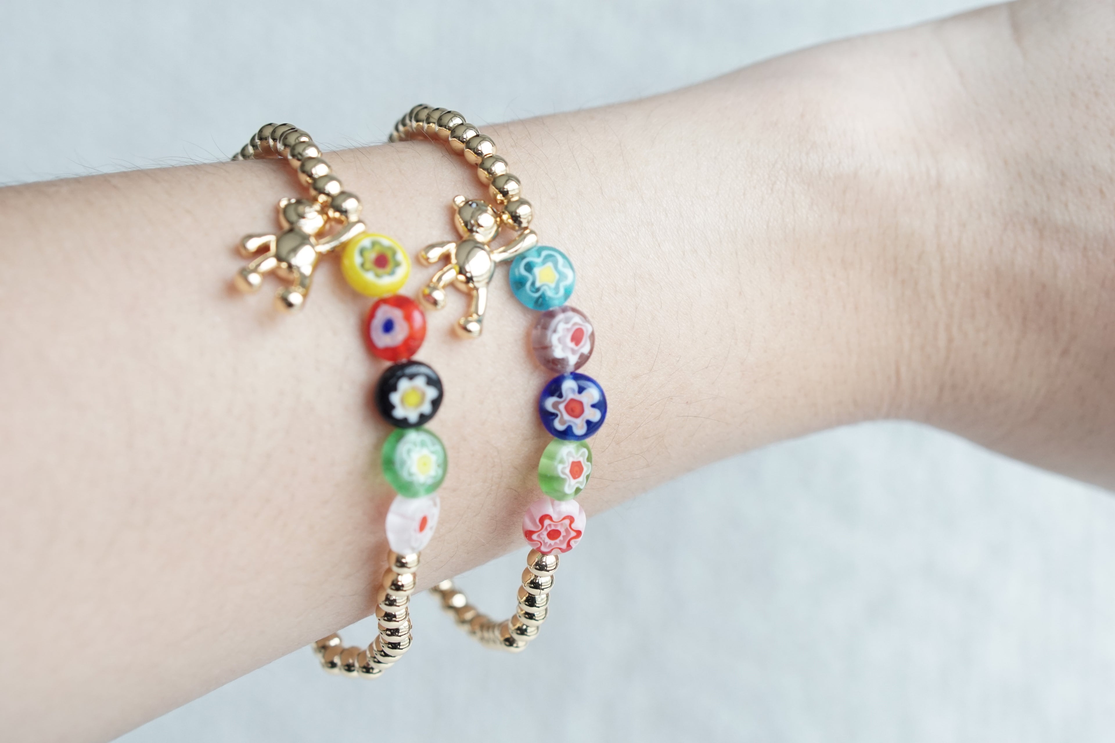 4MM Bead Bracelet with Millefiori Bear – Gold
