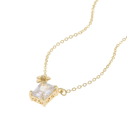 Square Zirconia Necklace with Flower 45CM – 14K
