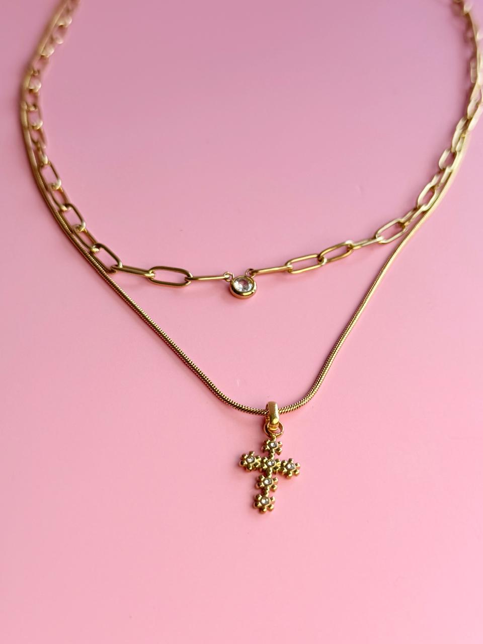 COLLAR DE DOBLE CADENA CON CRUZ DE FLORES Y CRUZ